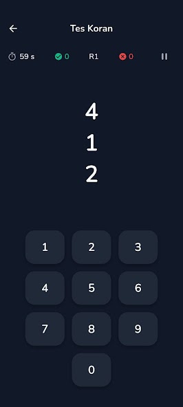 Simulasi tes koran online dengan timer, ronde, jumlah jawaban benar, dan keypad angka